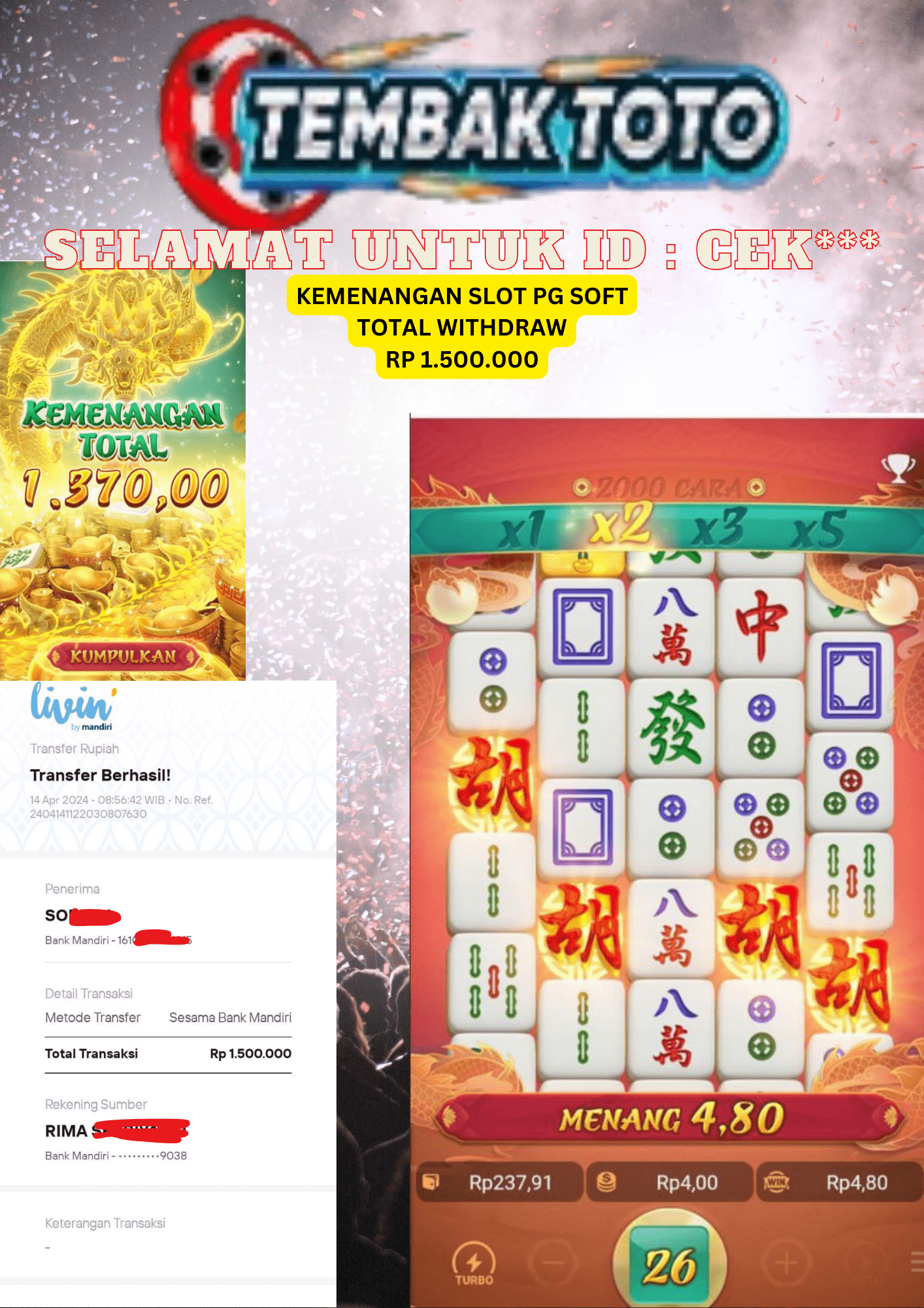 TEMBAKTOTO JACKPOT PG SOFT GAME MAHJONG 2 WINS RP 1.500.000 LUNAS